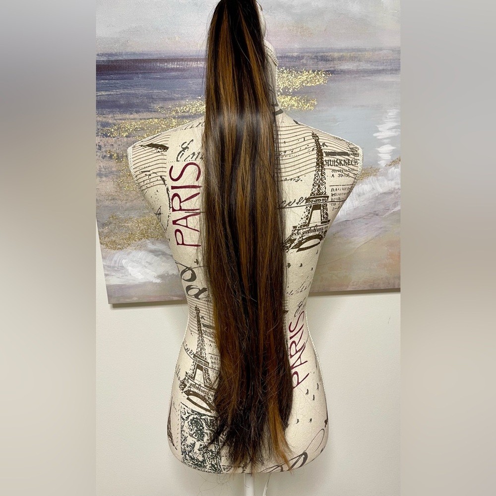 HAIR, 30” ponytail, dark brown highlighted